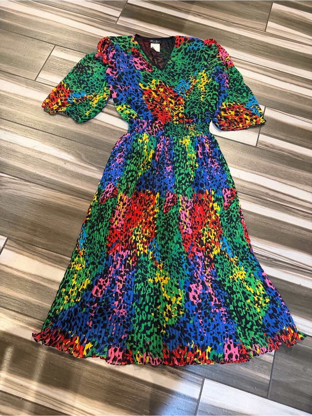 Multicolor Leopard-Print Midi Dress with Puff Sleeves